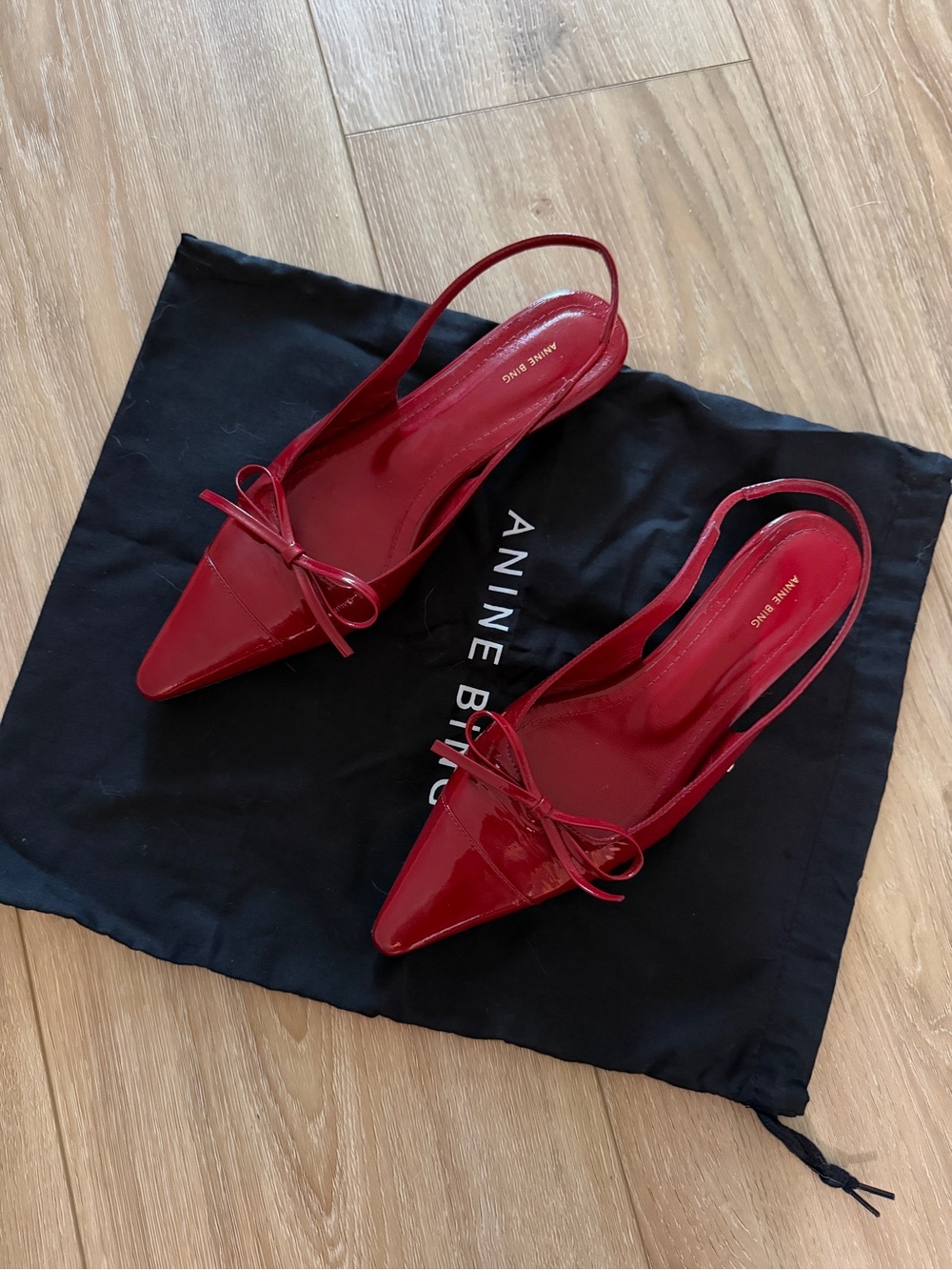 Anine Bing Zoey Slingback Heels - Red Crinkled Patent